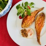 Aus dem Airfyer: Süßkartoffel mit Tahini-Miso-Dip und Natto